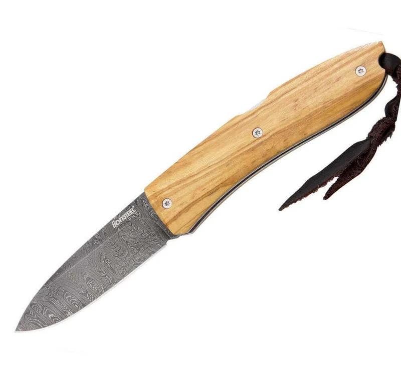 Couteau pliant LionSteel Opera acier damas manche 10cm + lacet