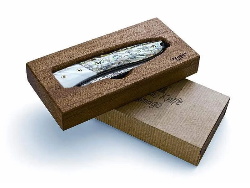 Couteau pliant LionSteel Opera acier damas manche 10cm + lacet