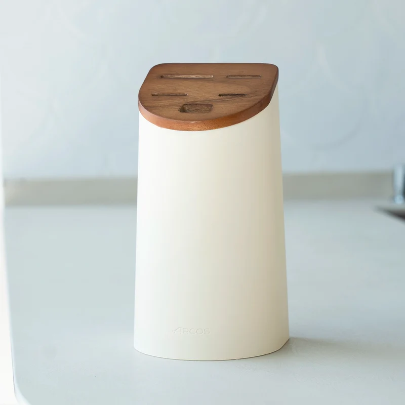 Soporte de cuchillos beige con tapa de madera de acacia