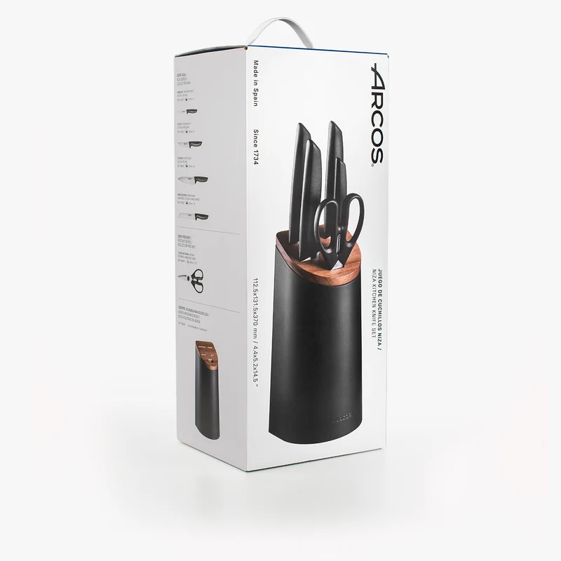 Juego cocina 4 Cuchillos Niza + Tijeras + Soporte de cuchillos negro con tapa de madera de acacia