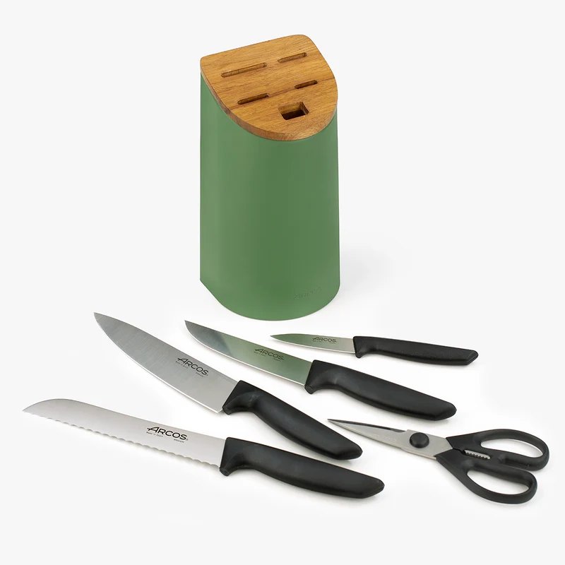 Juego cocina 4 Cuchillos Niza + Tijeras + Soporte de cuchillos verde con madera de acacia