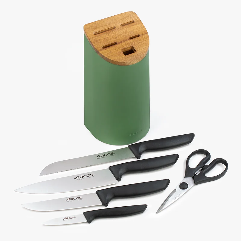 Juego cocina 4 Cuchillos Niza + Tijeras + Soporte de cuchillos verde con madera de acacia