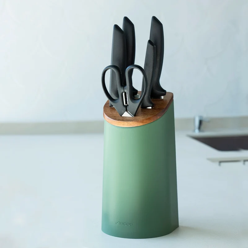 Juego cocina 4 Cuchillos Niza + Tijeras + Soporte de cuchillos verde con madera de acacia