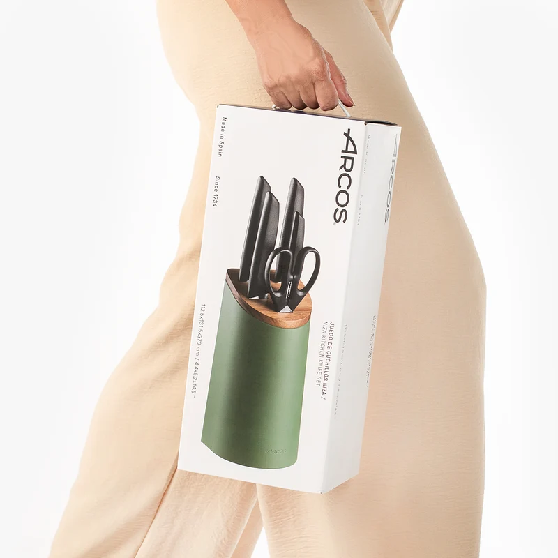 Juego cocina 4 Cuchillos Niza + Tijeras + Soporte de cuchillos verde con madera de acacia