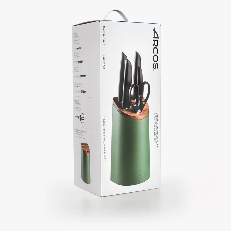 Juego cocina 4 Cuchillos Niza + Tijeras + Soporte de cuchillos verde con madera de acacia
