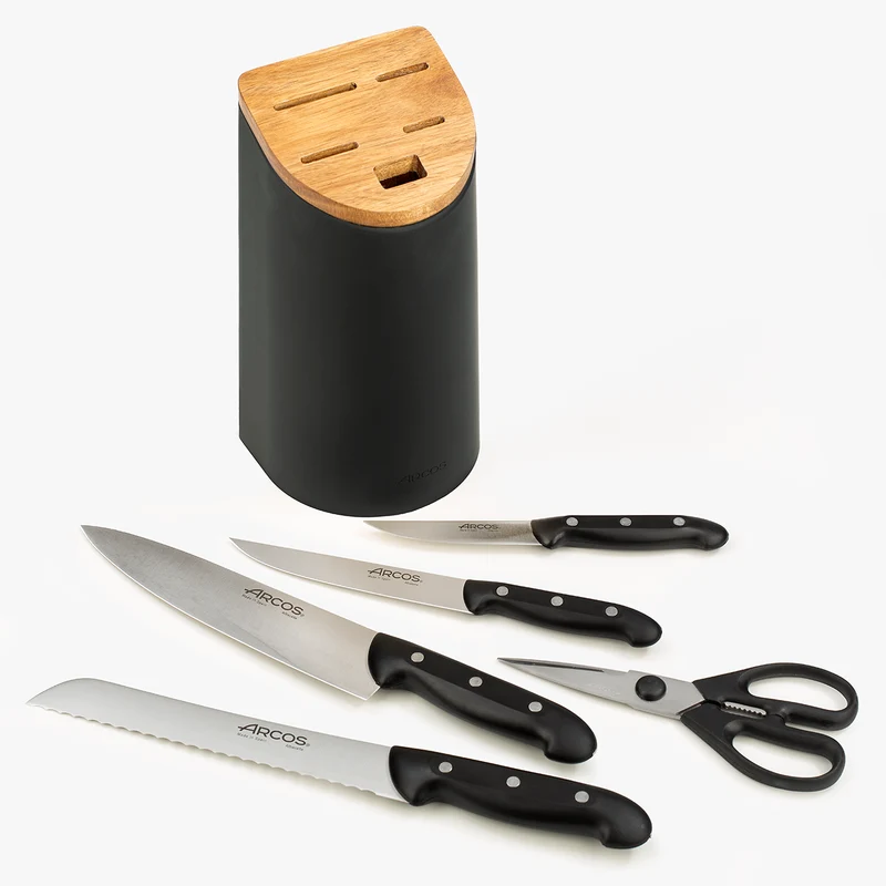 Juego cocina 4 Cuchillos Maitre + Tijera + Soporte de cuchillos negro con madera de acacia