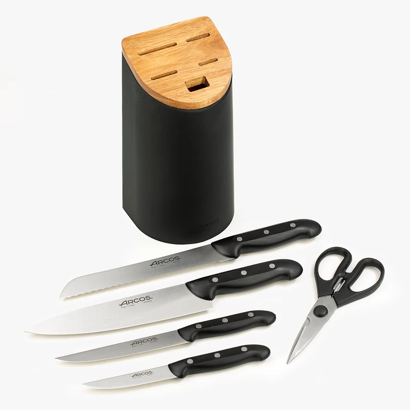 Juego cocina 4 Cuchillos Maitre + Tijera + Soporte de cuchillos negro con madera de acacia