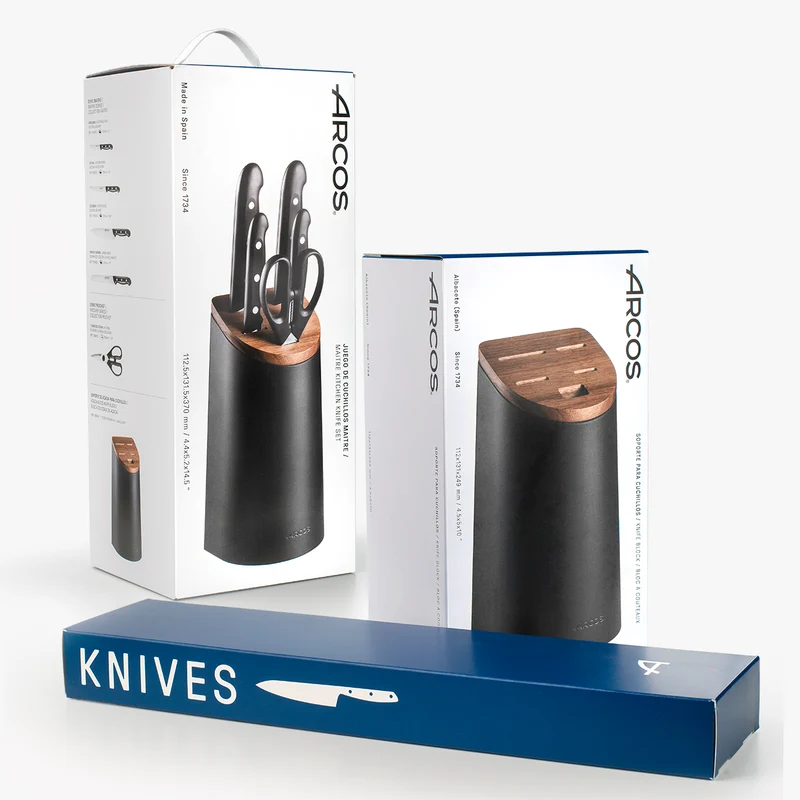 Juego cocina 4 Cuchillos Maitre + Tijera + Soporte de cuchillos negro con madera de acacia
