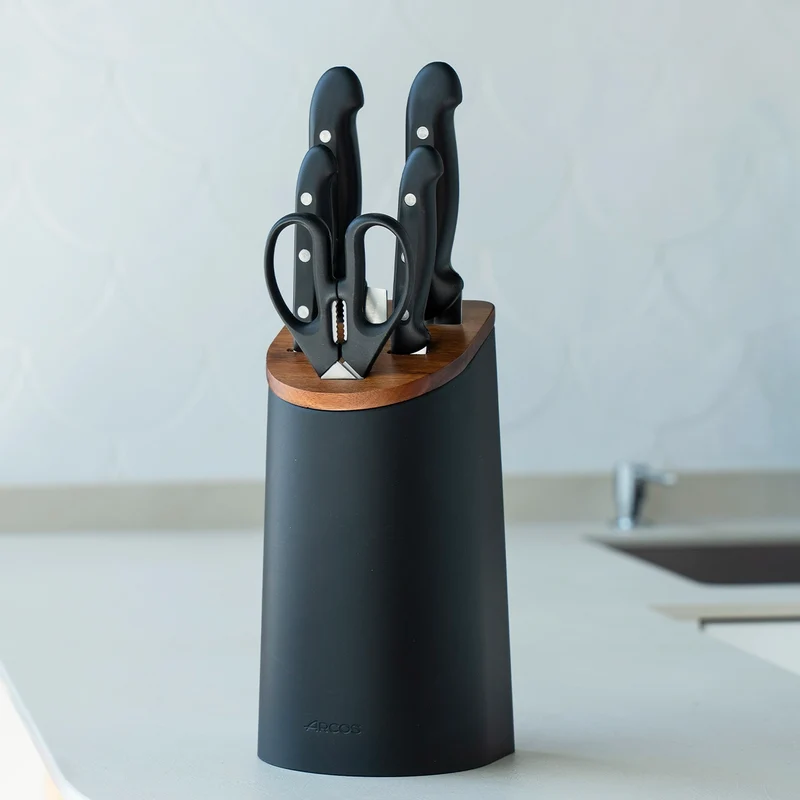 Juego cocina 4 Cuchillos Maitre + Tijera + Soporte de cuchillos negro con madera de acacia