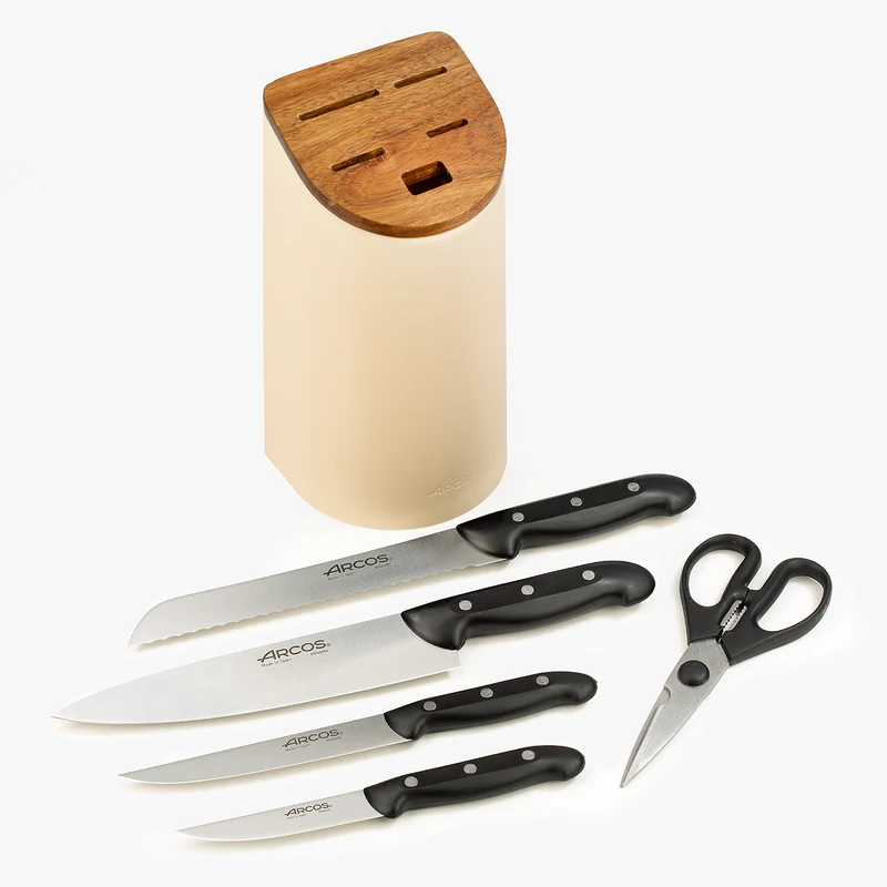 Juego cocina 4 Cuchillos Maitre + Tijeras + Soporte de cuchillos beige con madera de acacia