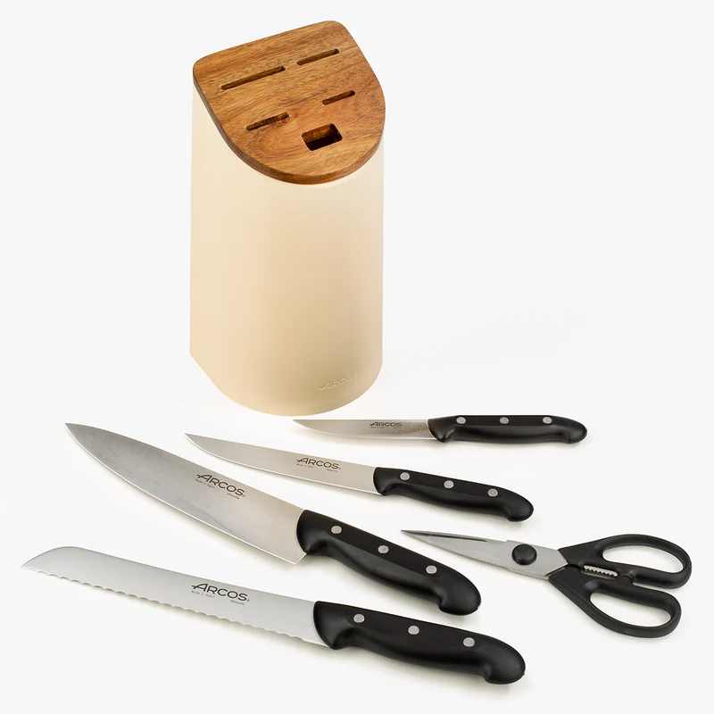 Juego cocina 4 Cuchillos Maitre + Tijeras + Soporte de cuchillos beige con madera de acacia