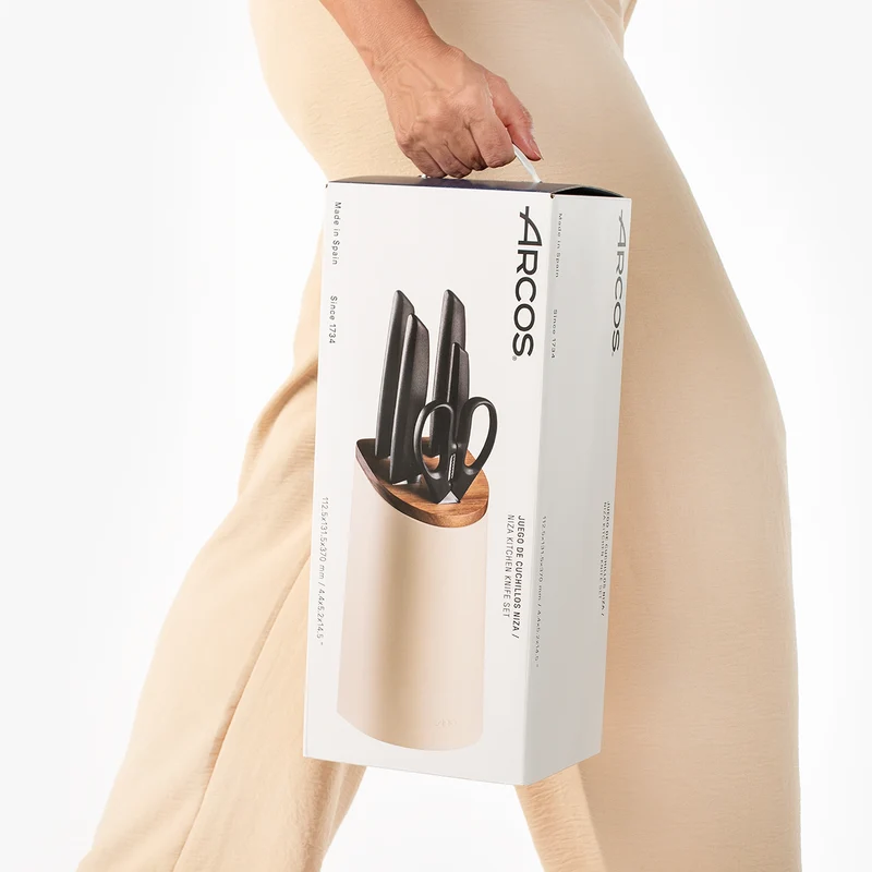 Juego cocina 4 Cuchillos Maitre + Tijeras + Soporte de cuchillos beige con madera de acacia