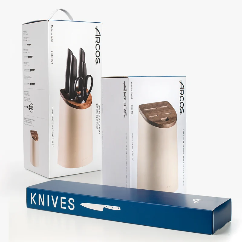 Juego cocina 4 Cuchillos Maitre + Tijeras + Soporte de cuchillos beige con madera de acacia