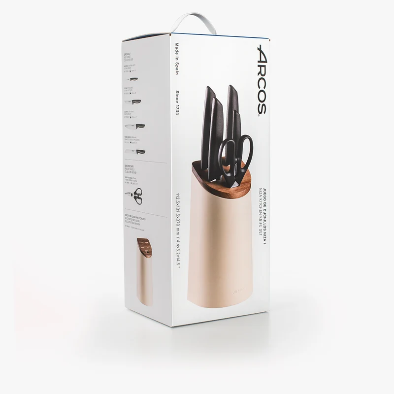 Juego cocina 4 Cuchillos Maitre + Tijeras + Soporte de cuchillos beige con madera de acacia