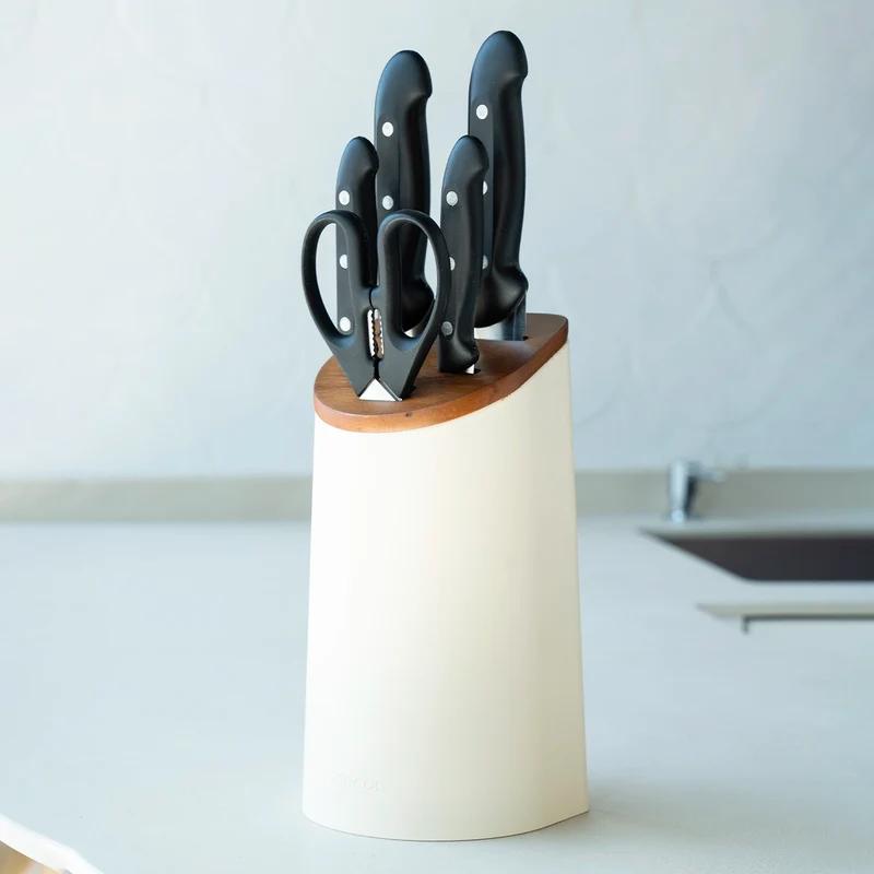 Juego cocina 4 Cuchillos Maitre + Tijeras + Soporte de cuchillos beige con madera de acacia