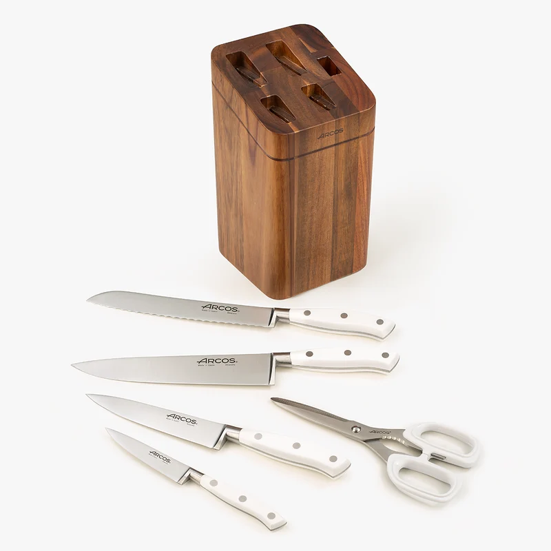 Juego cocina 4 pzas. serie Riviera Blanc + Tijeras + Soporte de cuchillos de madera de acacia
