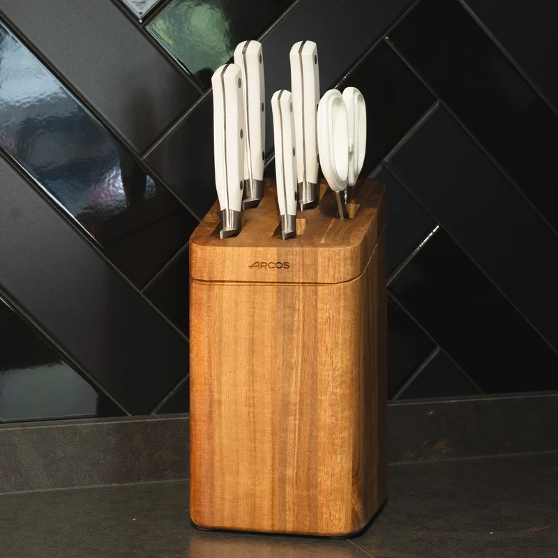 Juego cocina 4 pzas. serie Riviera Blanc + Tijeras + Soporte de cuchillos de madera de acacia