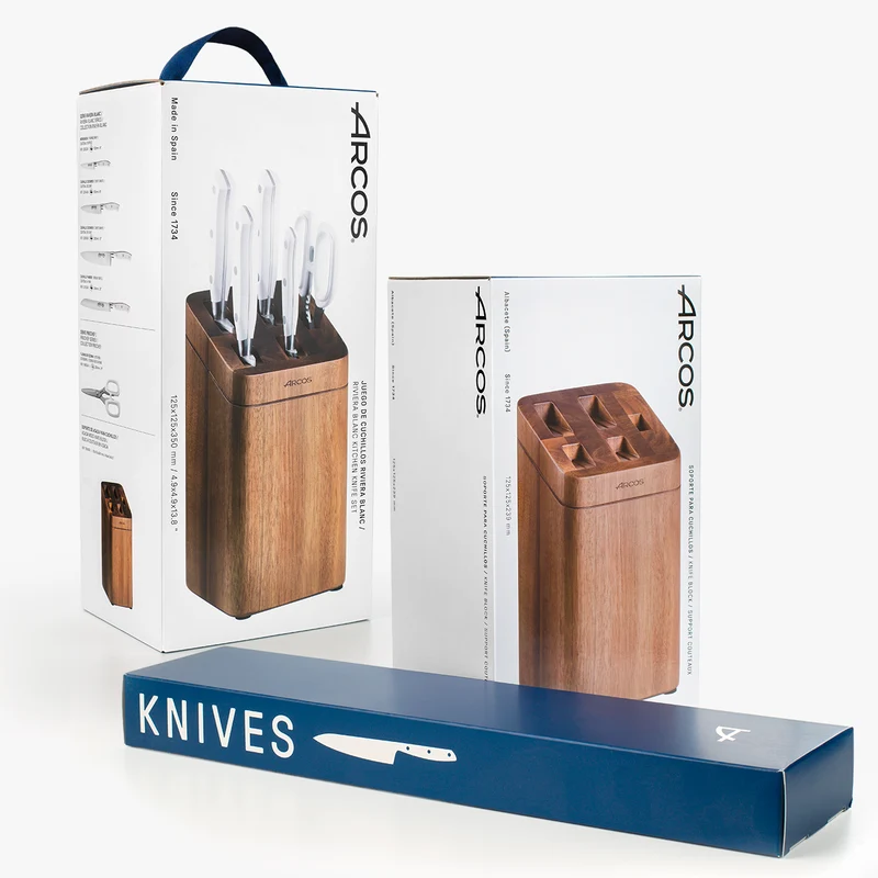 Juego cocina 4 pzas. serie Riviera Blanc + Tijeras + Soporte de cuchillos de madera de acacia
