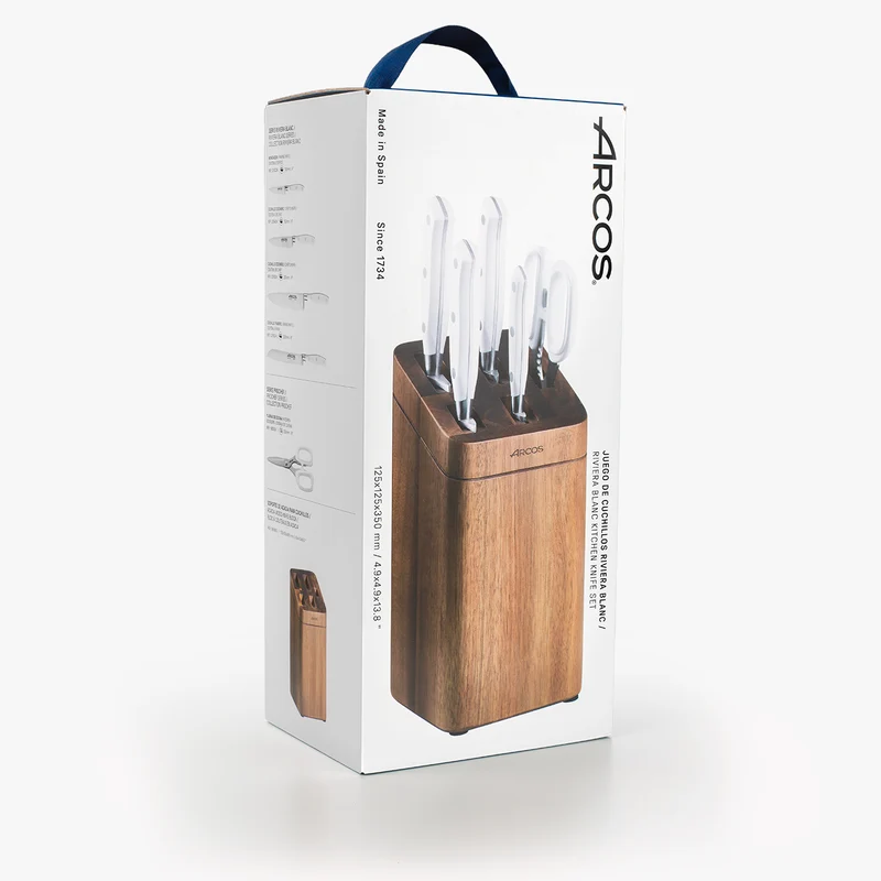 Juego cocina 4 pzas. serie Riviera Blanc + Tijeras + Soporte de cuchillos de madera de acacia