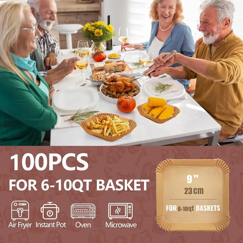 Papier Cuisson Jetable Air Fryer Carré 20 & 23 cm — 25 à 200 Feuilles