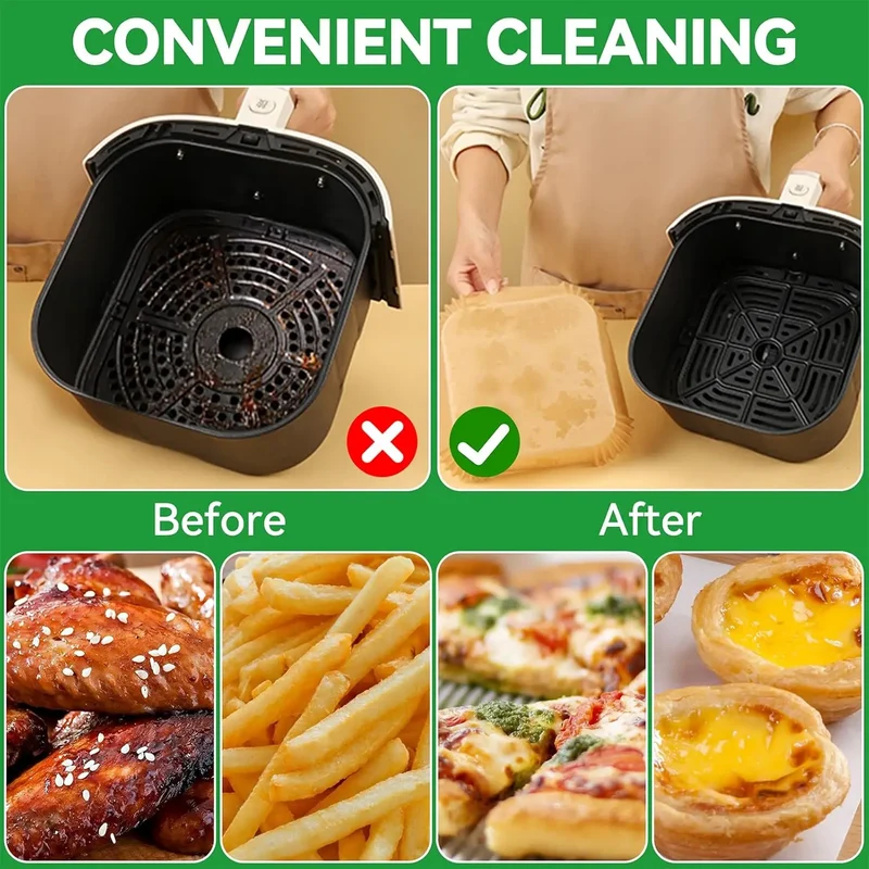 Papier Cuisson Jetable Air Fryer Carré 20 & 23 cm — 25 à 200 Feuilles