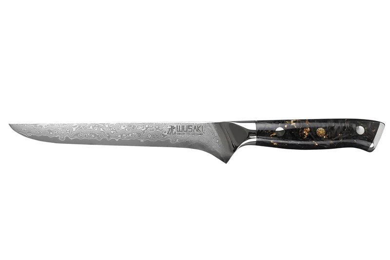 Couteau à désosser Wusaki Sakin Damas 10Cr 15cm manche en fibre de carbone et feuille d'or