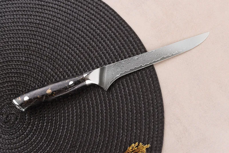 Couteau à désosser Wusaki Sakin Damas 10Cr 15cm manche en fibre de carbone et feuille d'or