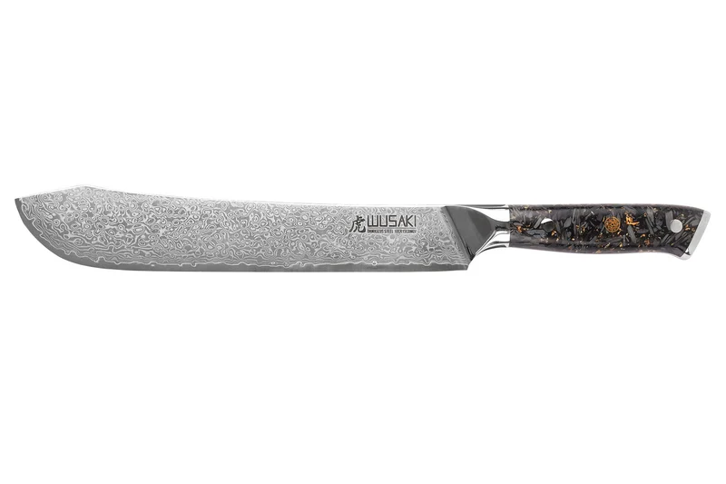 Couteau de boucher Wusaki Sakin Damas 10Cr 22cm manche en fibre de carbone et feuille d'or