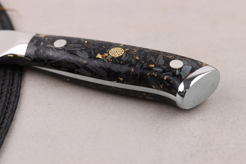 Couteau de boucher Wusaki Sakin Damas 10Cr 22cm manche en fibre de carbone et feuille d'or