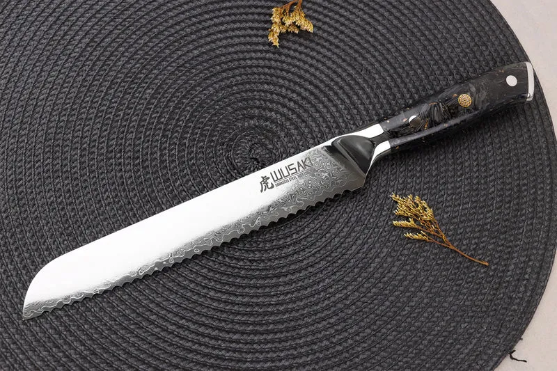 Couteau à pain Wusaki Sakin Damas 10Cr 20cm manche en fibre de carbone et feuille d'or