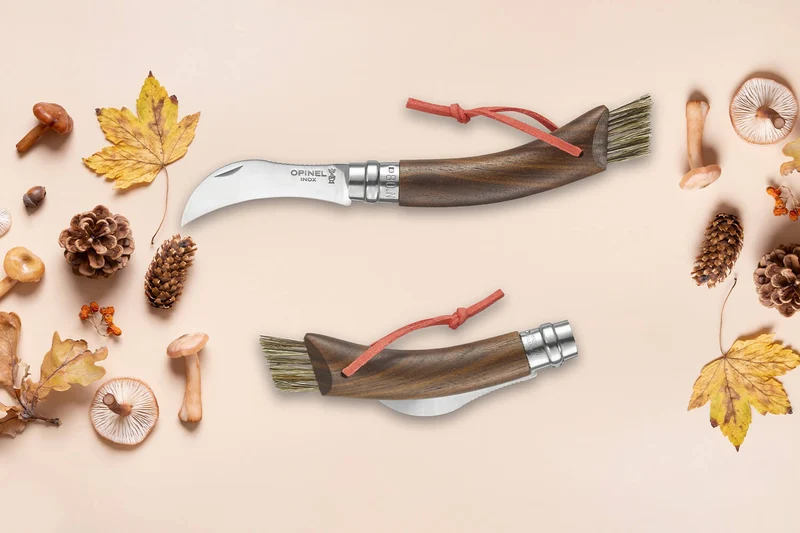 Couteau à champignon Opinel N°08 noyer noir + brosse intégrée + plumier