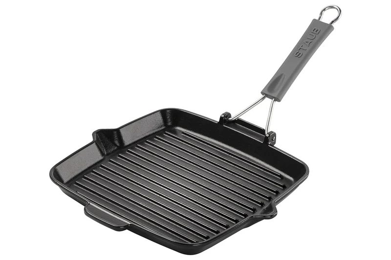 Gril carré Staub 24cm en fonte émaillée noir mat à poignée pliable