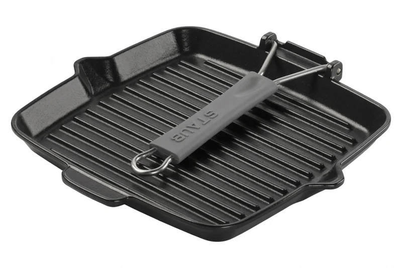 Gril carré Staub 24cm en fonte émaillée noir mat à poignée pliable