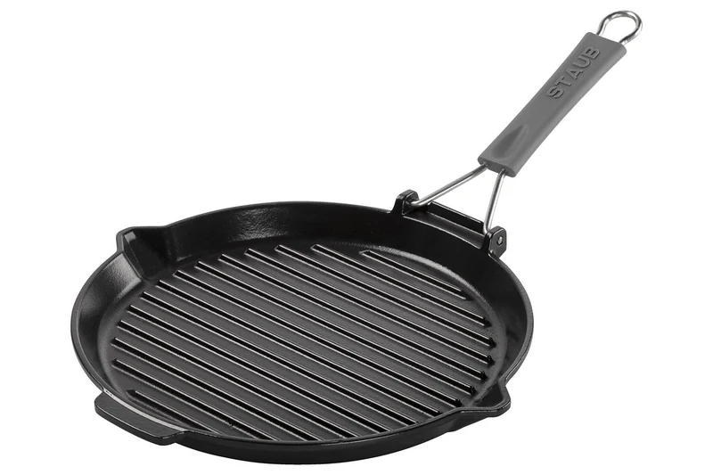 Gril rond Staub 28cm en fonte émaillée noir mat à poignée pliable