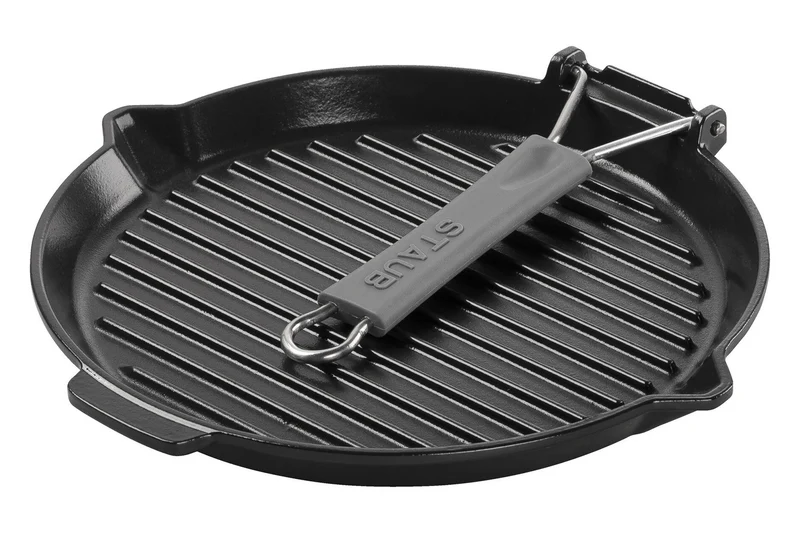 Gril rond Staub 28cm en fonte émaillée noir mat à poignée pliable
