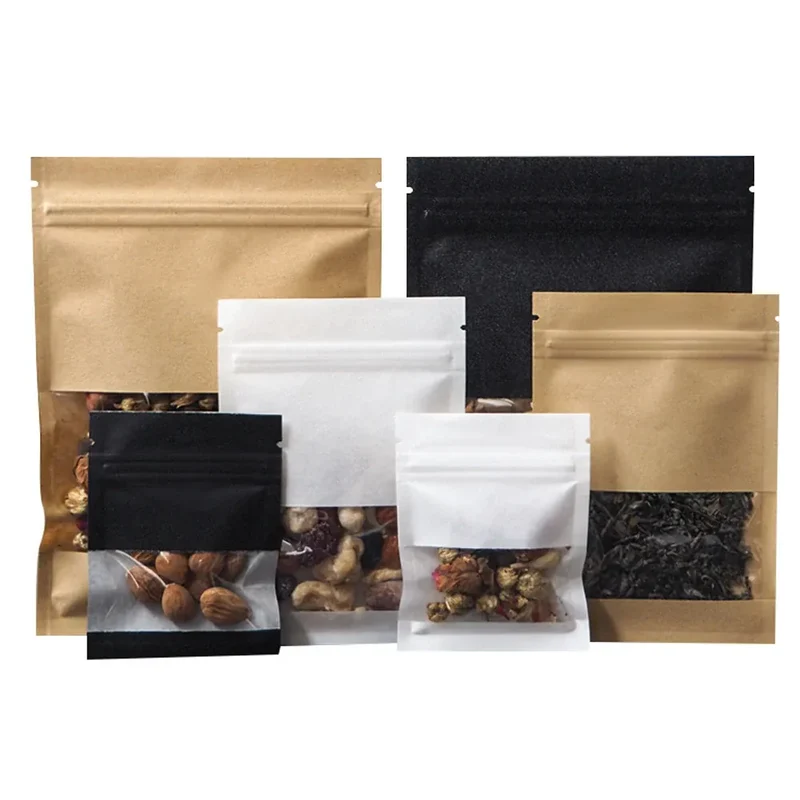 Sachets Kraft Zip avec Fenêtre - Lot de 100 Pièces Auto-Scellants