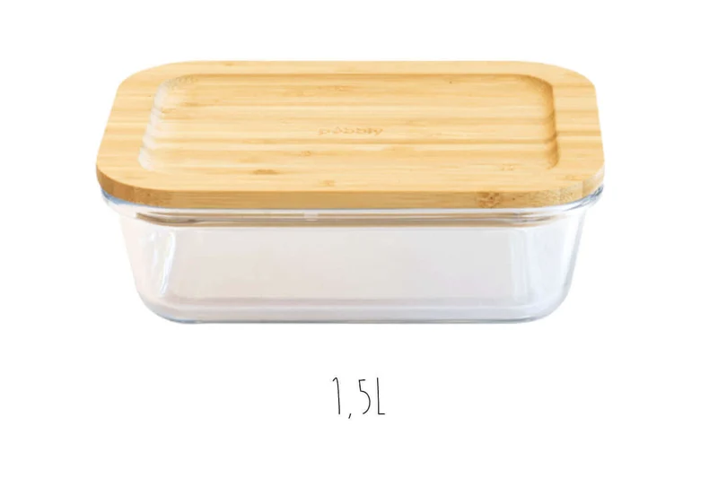Boîte de conservation rectangulaire en verre Pebbly avec couvercle en bambou