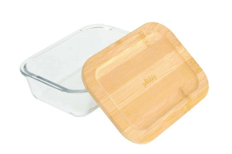 Boîte de conservation rectangulaire en verre Pebbly avec couvercle en bambou