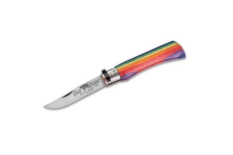 Couteau artisanal Old Bear Rainbow manche bois d'ayous stratifié arc-en-ciel