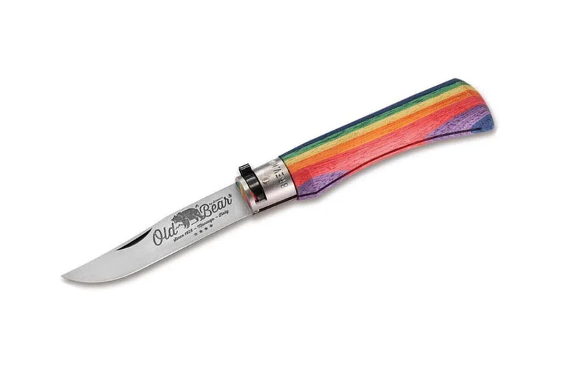 Couteau artisanal Old Bear Rainbow manche bois d'ayous stratifié arc-en-ciel