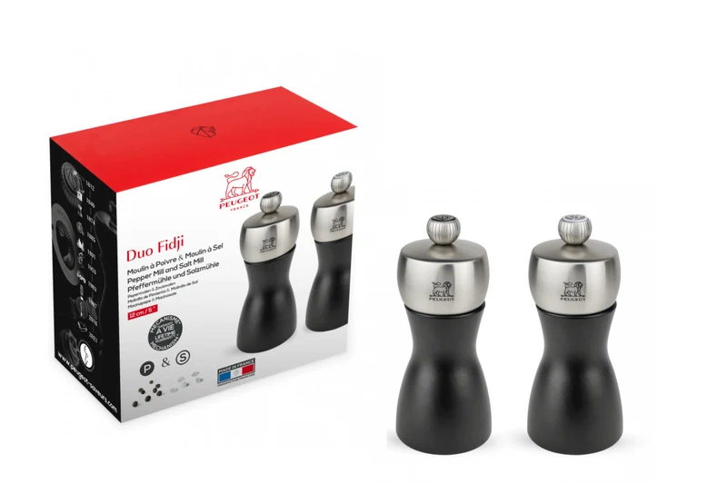 Coffret duo de moulins à poivre et à sel sec Peugeot Fidji en bois de hêtre et inox noir