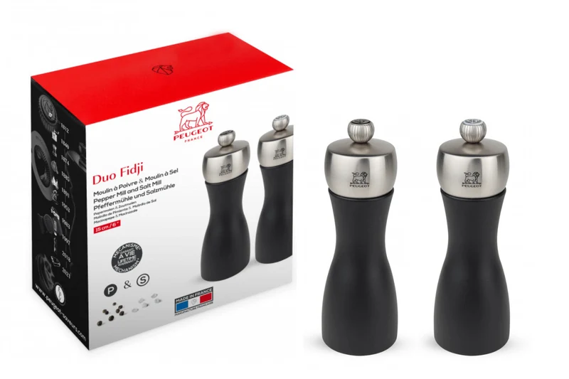 Coffret duo de moulins à poivre et à sel sec Peugeot Fidji en bois de hêtre et inox noir