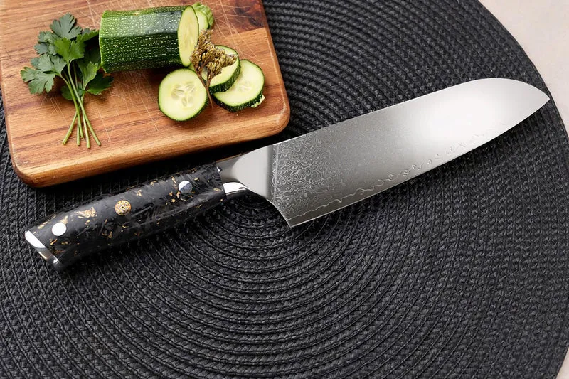 Couteau santoku Wusaki Sakin Damas 10Cr 17cm manche en fibre de carbone et feuille d'or