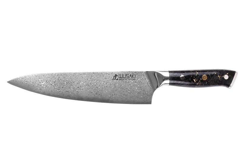 Couteau de chef Wusaki Sakin Damas 10Cr 20cm manche en fibre de carbone et feuille d'or
