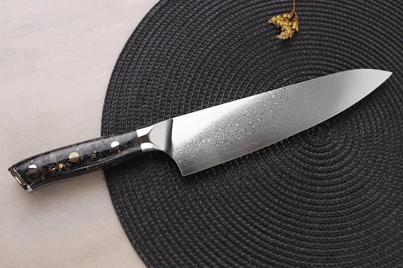 Couteau de chef Wusaki Sakin Damas 10Cr 20cm manche en fibre de carbone et feuille d'or