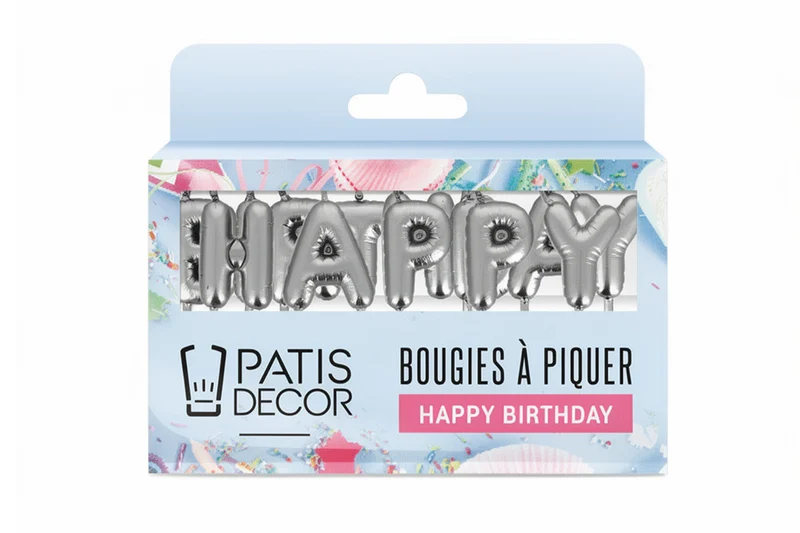 Bougies à piquer "Happy Birthday" Patisdécor argentées