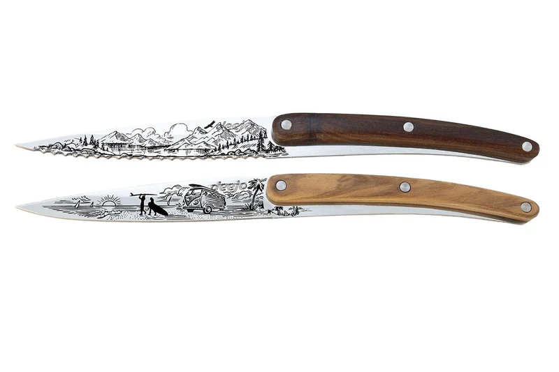 Set de 2 couteaux d'office Deejo Office Van Life et Montagne manche en bois d'olivier et bois corail 9cm