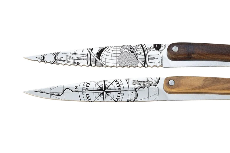 Set de 2 couteaux d'office Deejo Office Globe Trotter et Terra Incognita manche en bois d'olivier et bois corail 9cm