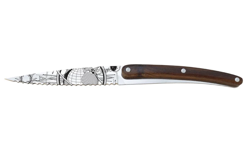 Set de 2 couteaux d'office Deejo Office Globe Trotter et Terra Incognita manche en bois d'olivier et bois corail 9cm