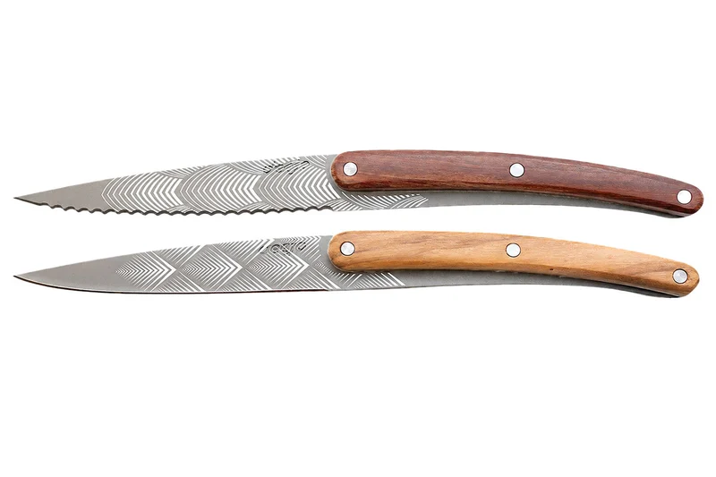 Set de 2 couteaux d'office Deejo Office Art Déco manche en bois d'olivier et bois corail 9cm